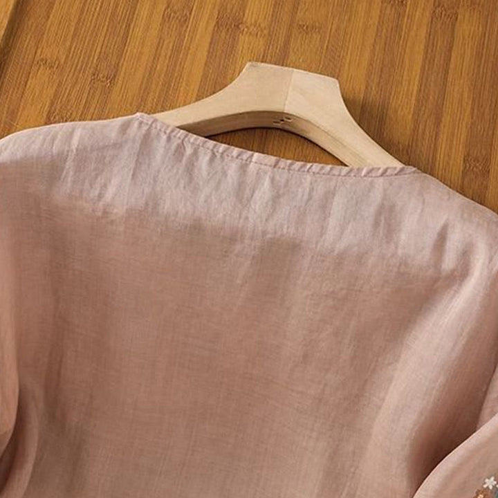 Buddha Stones Casual Flower Leaf Embroidery Women's Crew Neck Design Three Quarter Sleeve Cotton Linen T-shirt - image 14