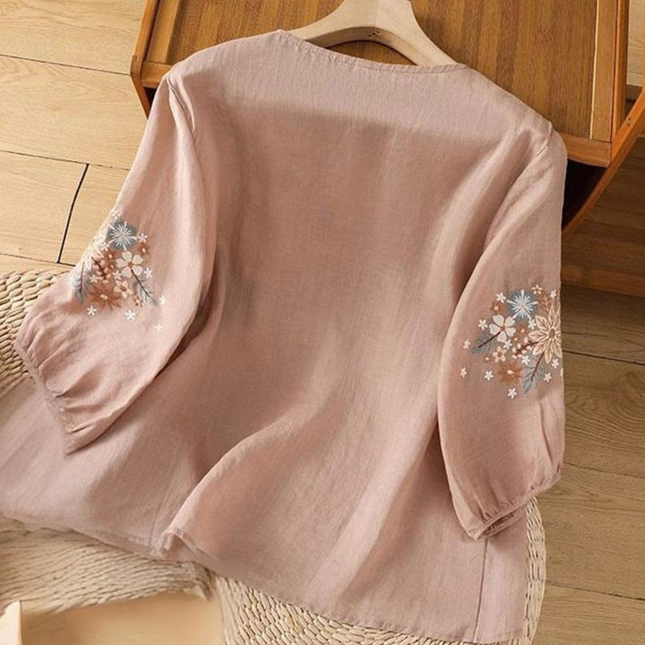 Buddha Stones Casual Flower Leaf Embroidery Women's Crew Neck Design Three Quarter Sleeve T-shirt - image 12