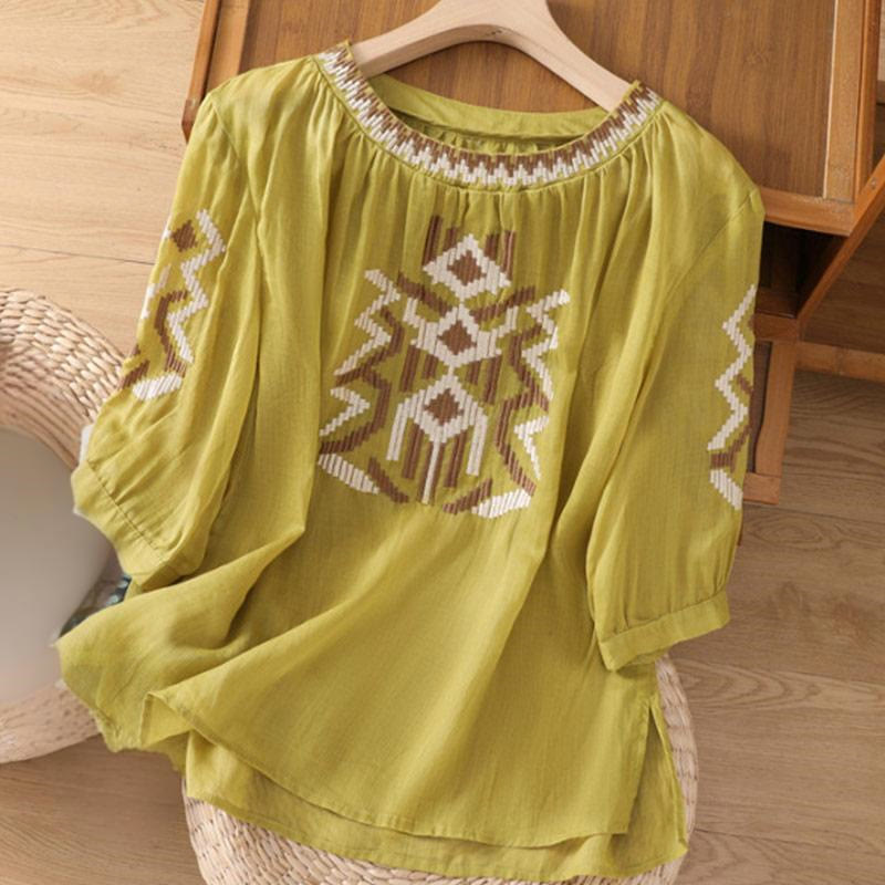 Buddha Stones Casual Symmetrical Embroidery Women's Crew Neck Design Half Sleeve Spandex T-shirt - Khaki - US14，UK/AU18，EU46 (4XL) - image 24