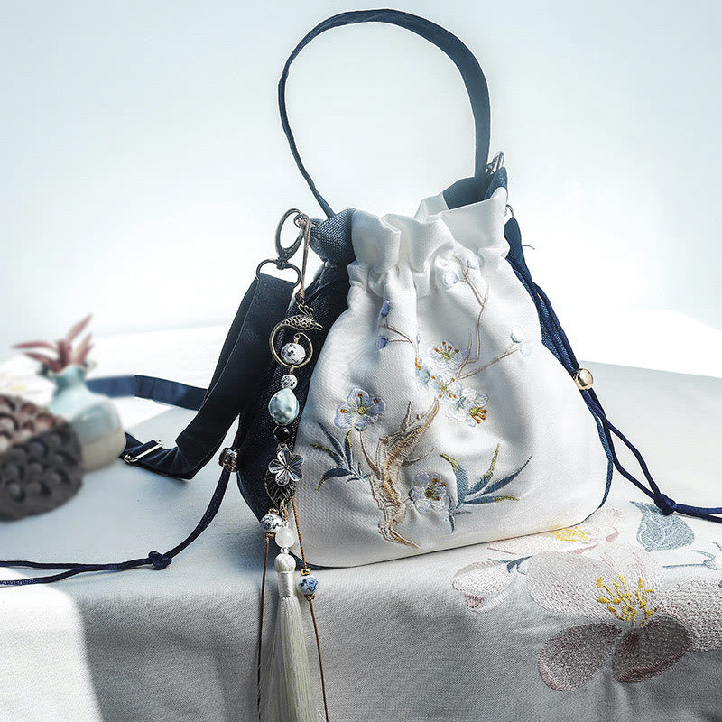 Buddha Stones Embroidered Magnolia Plum Blossom Cotton Linen Tote Crossbody Bag Shoulder Bag Handbag - Dark Blue Plum Blossom 20*20cm - image 1