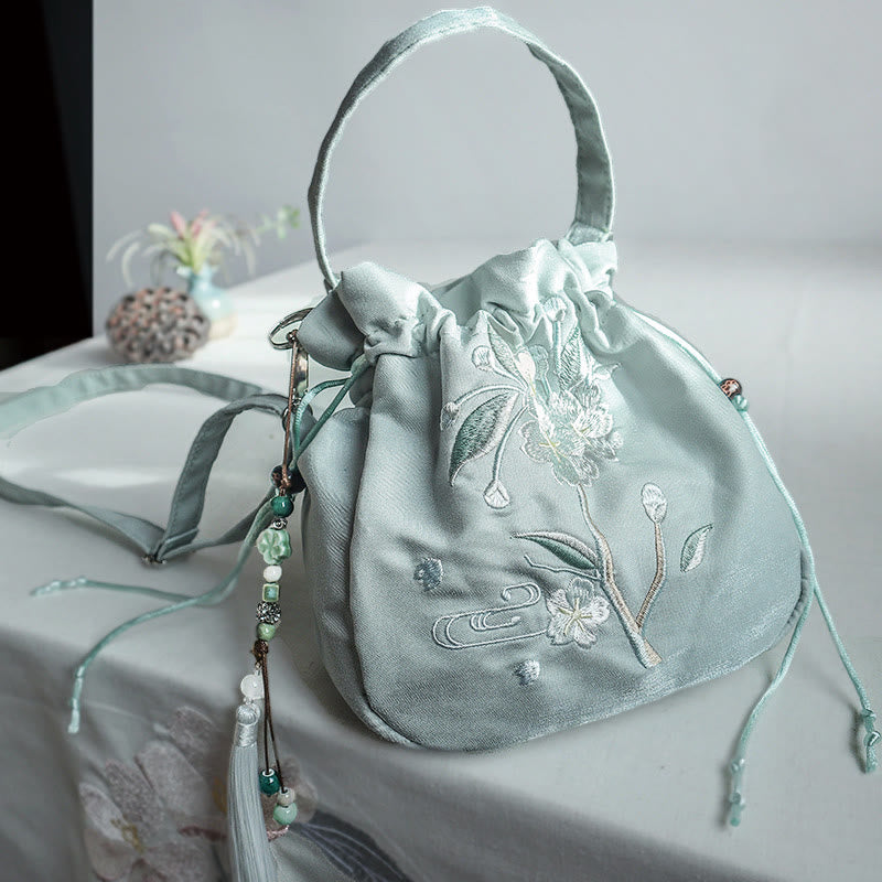 Buddha Stones Embroidered Green Flower Blossom Leaves Canvas Tote Crossbody Bag Shoulder Bag Handbag - Green Flower 20*20cm - image 0
