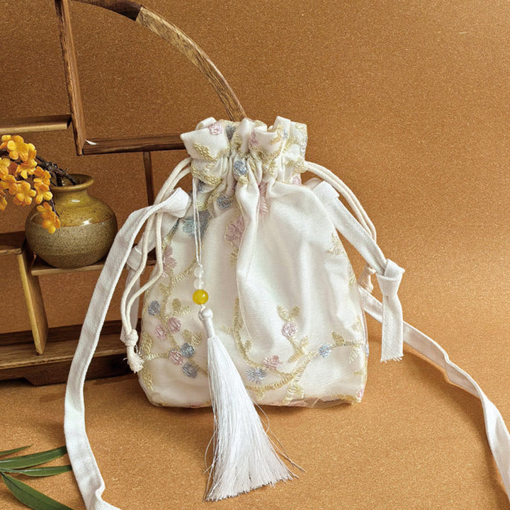 Buddha Stones Embroidered Flowers Cherry Blossoms Vine Canvas Crossbody Bag Shoulder Bag - Beige Vine Flowers 15*22cm - image 28