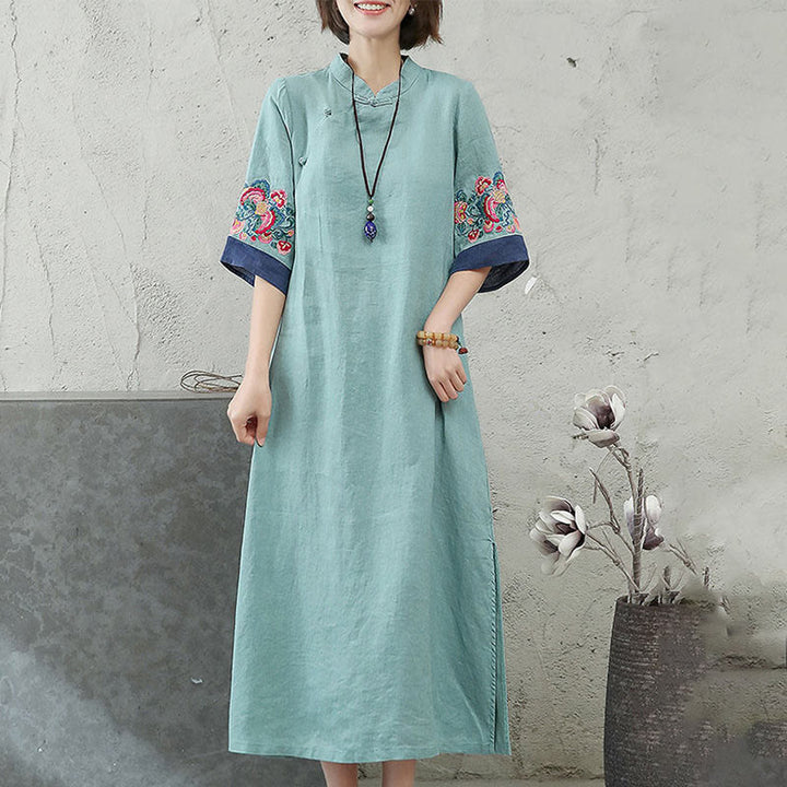 Buddha Stones Embroidery Frog-Button Half Sleeve Women's Midi Dress - image 7
