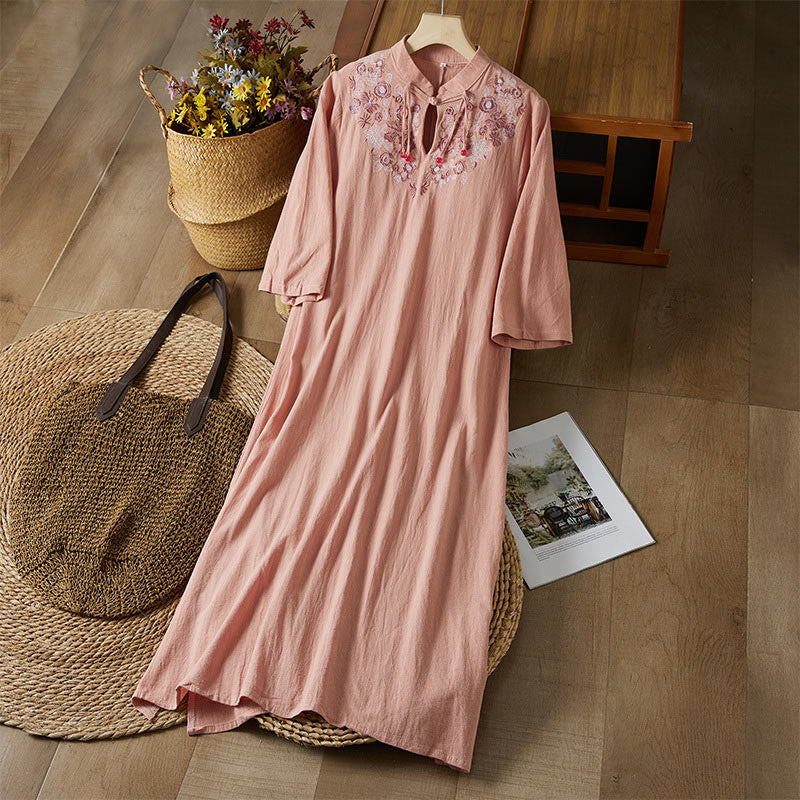 Buddha Stones Vintage Embroidery Frog-button Half Sleeve High Waist Cotton Linen Women's Midi Dress - DarkSalmon - US16，UK/AU20，EU48 (5XL) - image 12