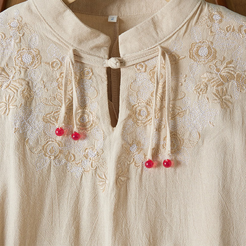 Buddha Stones Vintage Embroidery Frog-button Half Sleeve High Waist Cotton Linen Women's Midi Dress - image 8