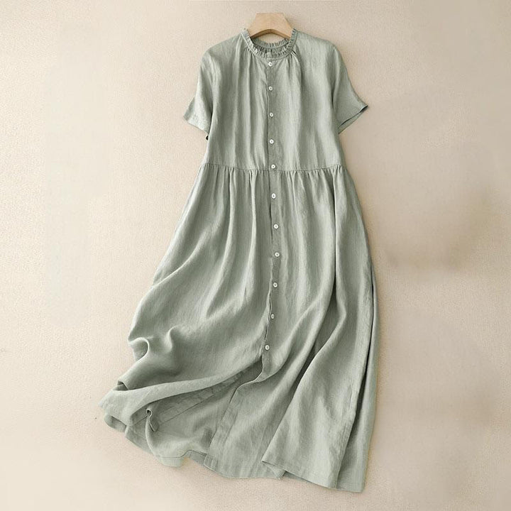 Buddha Stones Casual Plain Button Crew Ruffle Neck Short Sleeve Cotton Linen Women's Midi Dress - LightGreen - US8-10，UK/AU12-14，EU40-42 (2XL) - image 0