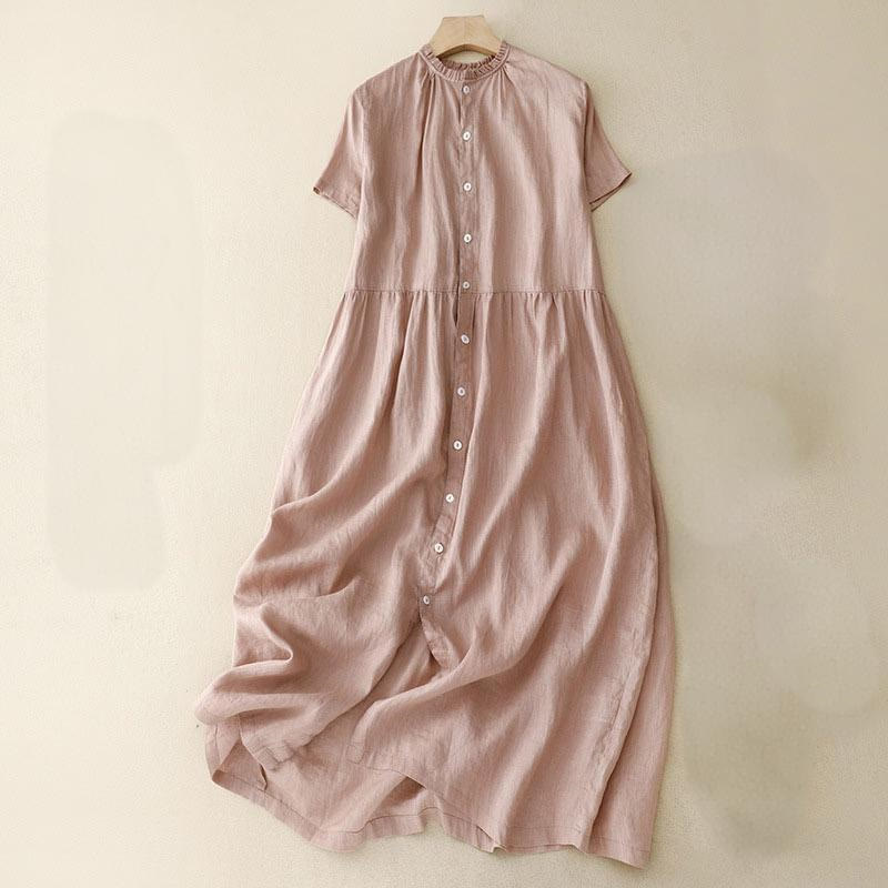 Buddha Stones Casual Plain Button Crew Ruffle Neck Short Sleeve Cotton Linen Women's Midi Dress - LightPink - US8-10，UK/AU12-14，EU40-42 (2XL) - image 14