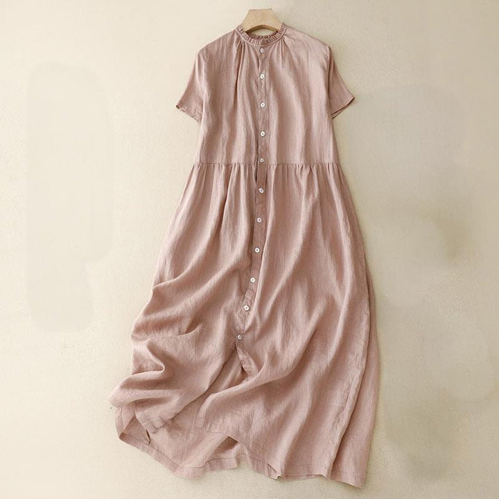 Buddha Stones Casual Plain Button Crew Ruffle Neck Short Sleeve Cotton Linen Women's Midi Dress - LightPink - US8-10，UK/AU12-14，EU40-42 (2XL) - image 14
