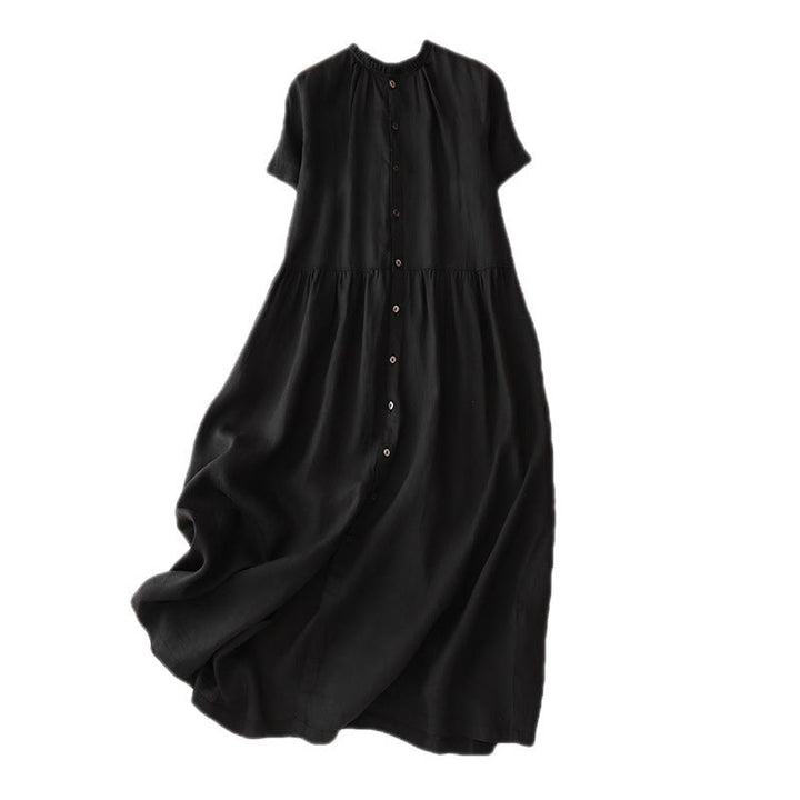 Buddha Stones Casual Plain Button Crew Ruffle Neck Short Sleeve Cotton Linen Women's Midi Dress - image 13