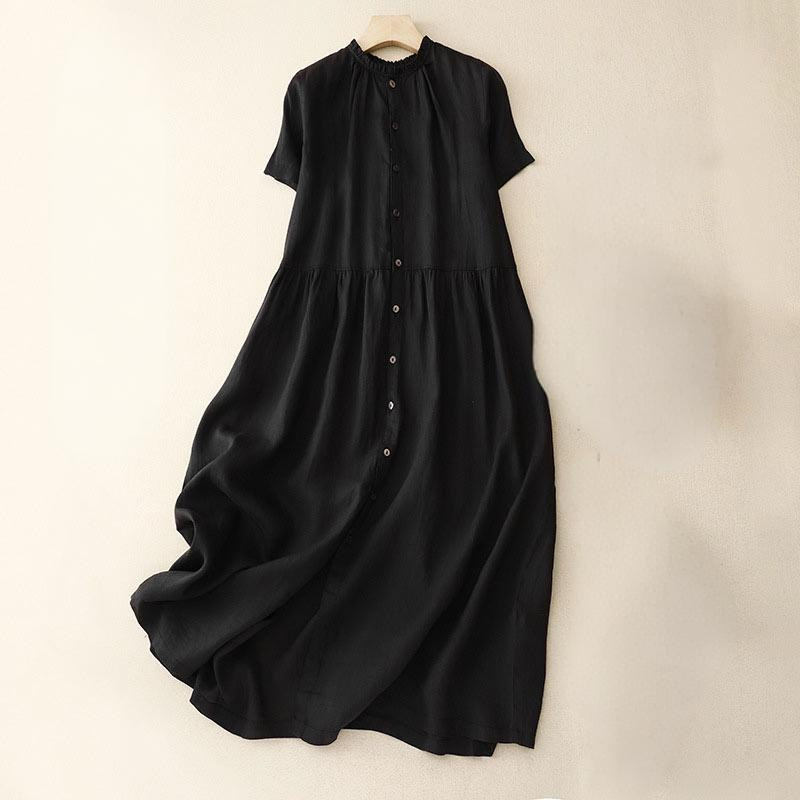 Buddha Stones Casual Plain Button Crew Ruffle Neck Short Sleeve Cotton Linen Women's Midi Dress - Black - US8-10，UK/AU12-14，EU40-42 (2XL) - image 10