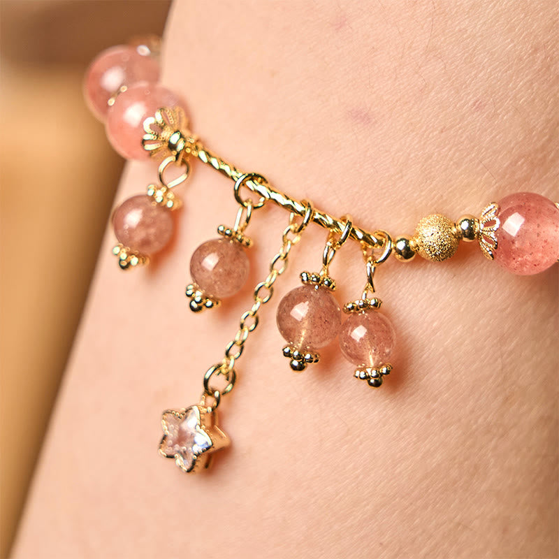 Buddha Stones Natural Strawberry Quartz Four Leaf Clover Star Positive Bracelet - image 1