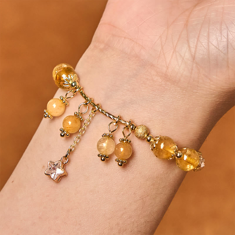 Buddha Stones Natural Colored Yellow Rutilated Quartz Four Leaf Clover Star Auspiciousness Bracelet - image 4