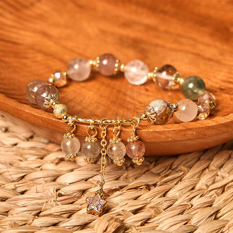 Buddha Stones Natural Colored Yellow Rutilated Quartz Four Leaf Clover Star Auspiciousness Bracelet - image 8