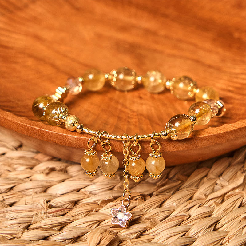 Buddha Stones Natural Colored Yellow Rutilated Quartz Four Leaf Clover Star Auspiciousness Bracelet - image 2