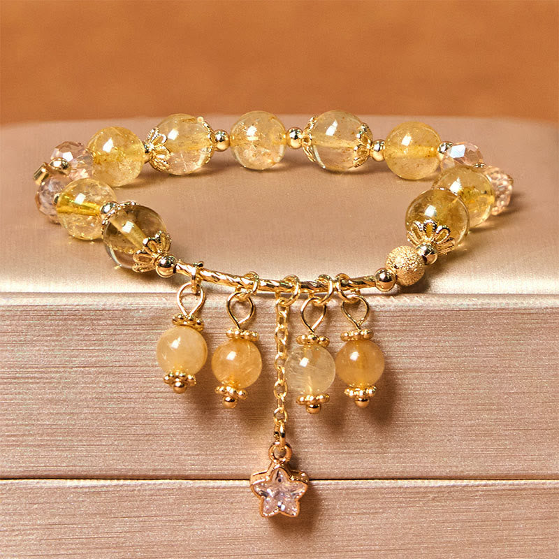 Buddha Stones Natural Colored Yellow Rutilated Quartz Four Leaf Clover Star Auspiciousness Bracelet - Yellow Rutilated Quartz(Wrist Circumference: 14-18cm) - image 0