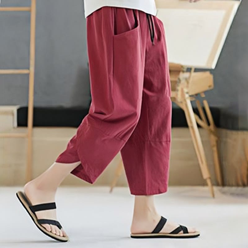 Buddha Stones Summer Men's Solid Color 7-8 Length Drawstring Pants With Pockets - image 32