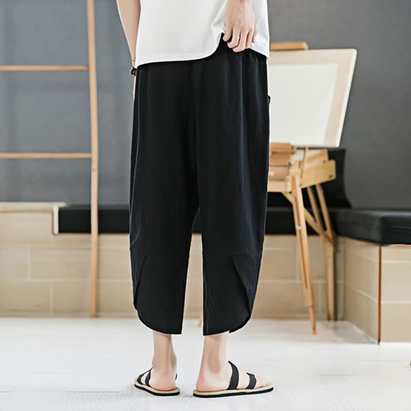 Buddha Stones Summer Men's Solid Color 7-8 Length Cotton Linen Drawstring Pants With Pockets - image 8