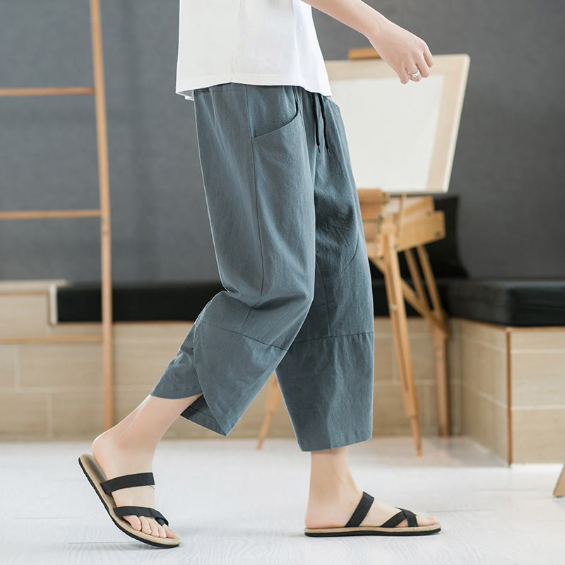 Buddha Stones Summer Men's Solid Color 7-8 Length Cotton Linen Drawstring Pants With Pockets - image 3