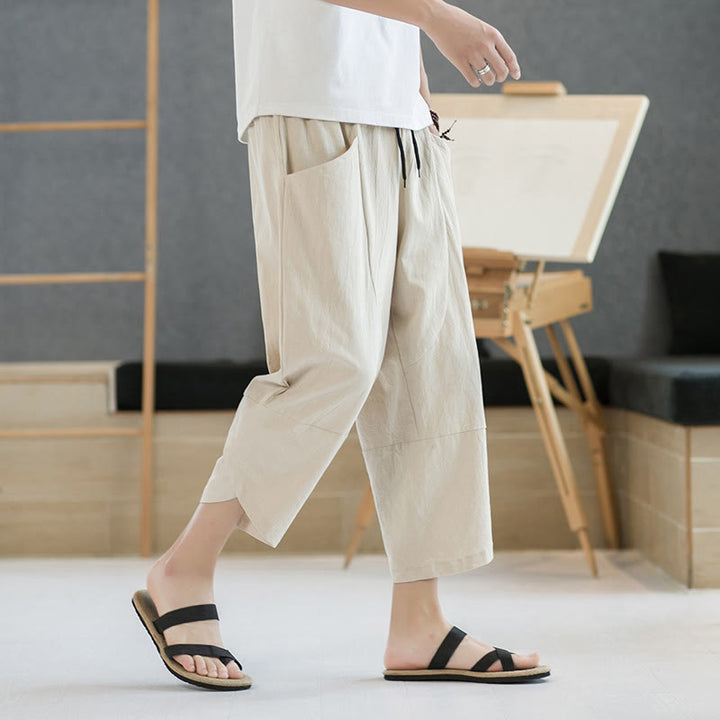 Buddha Stones Summer Men's Solid Color 7-8 Length Cotton Linen Drawstring Pants With Pockets - image 38