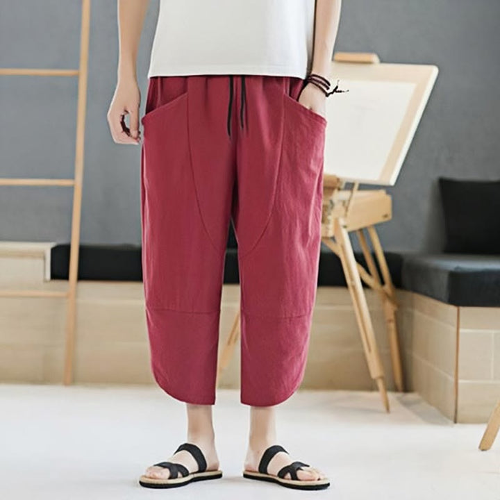 Buddha Stones Summer Men's Solid Color 7-8 Length Cotton Linen Drawstring Pants With Pockets - image 29
