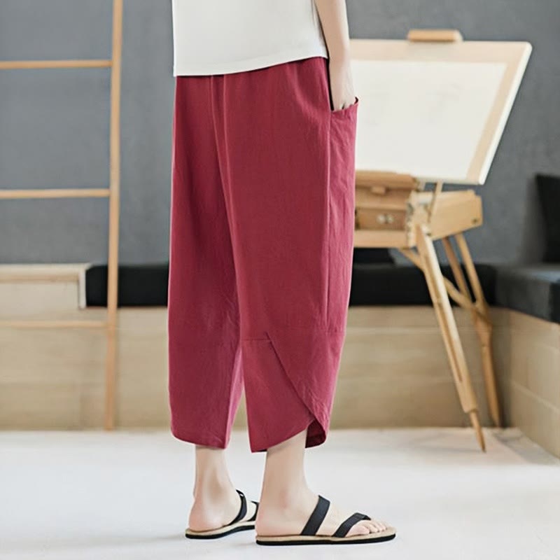 Buddha Stones Summer Men's Solid Color 7-8 Length Cotton Linen Drawstring Pants With Pockets - image 30