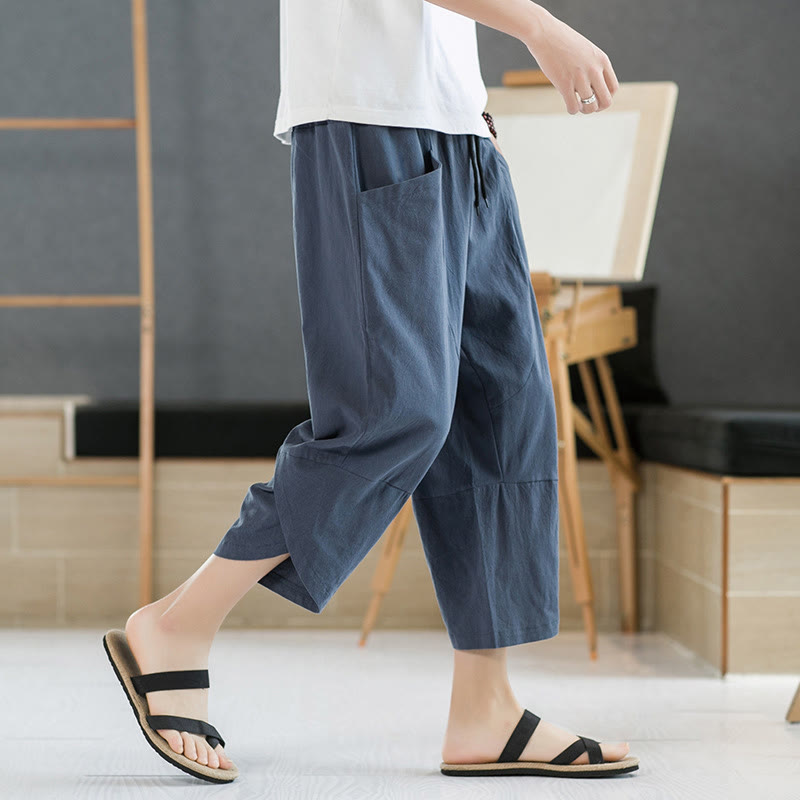 Buddha Stones Summer Men's Solid Color 7-8 Length Cotton Linen Drawstring Pants With Pockets - image 25