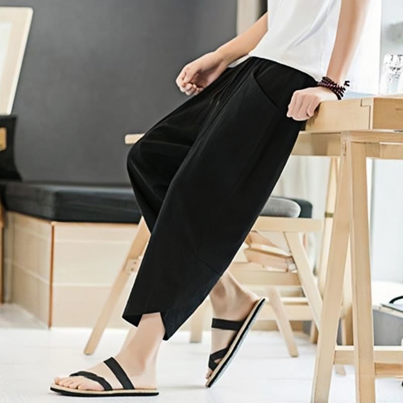 Buddha Stones Summer Men's Solid Color 7-8 Length Cotton Linen Drawstring Pants With Pockets - image 12