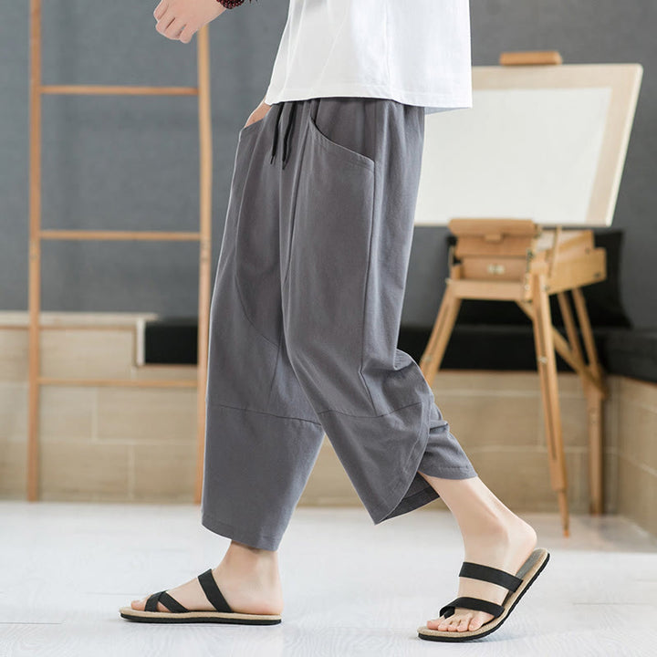 Buddha Stones Summer Men's Solid Color 7-8 Length Cotton Linen Drawstring Pants With Pockets - image 18