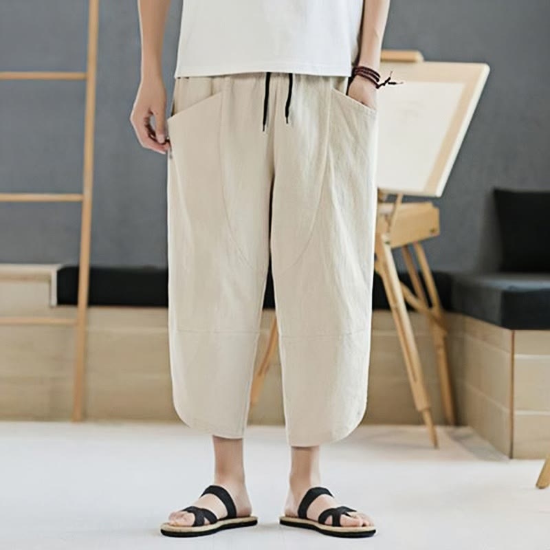 Buddha Stones Summer Men's Solid Color 7-8 Length Drawstring Pants With Pockets - image 36