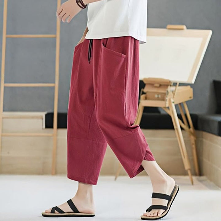 Buddha Stones Summer Men's Solid Color 7-8 Length Cotton Linen Drawstring Pants With Pockets - image 28