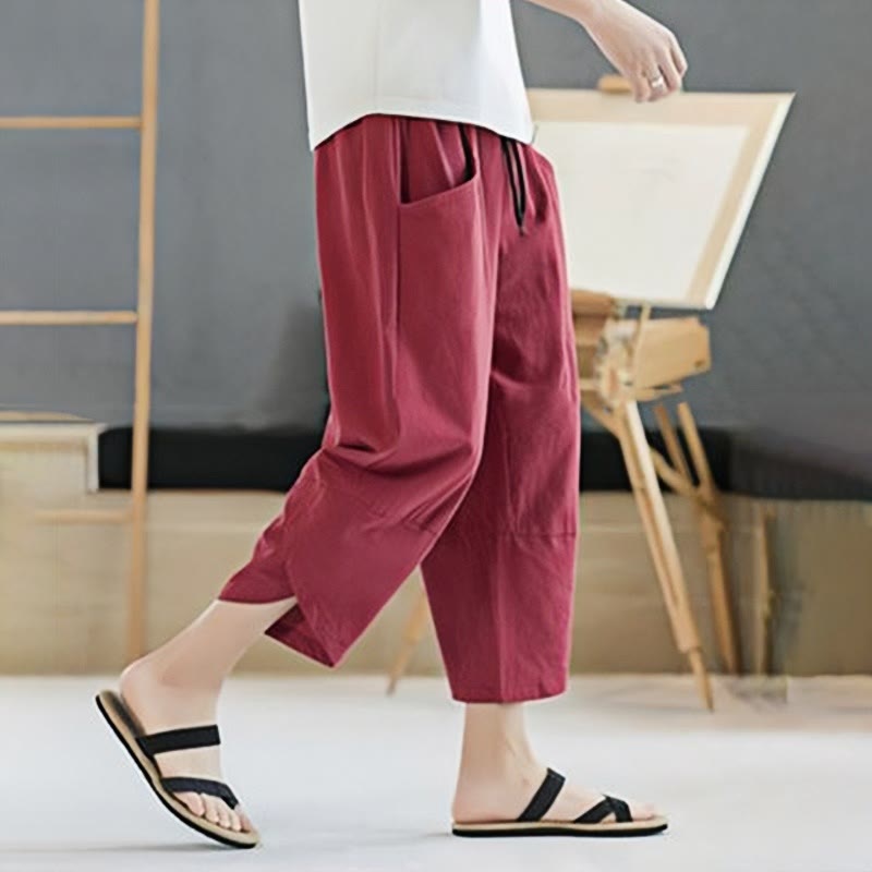 Buddha Stones Summer Men's Solid Color 7-8 Length Drawstring Pants With Pockets - image 33