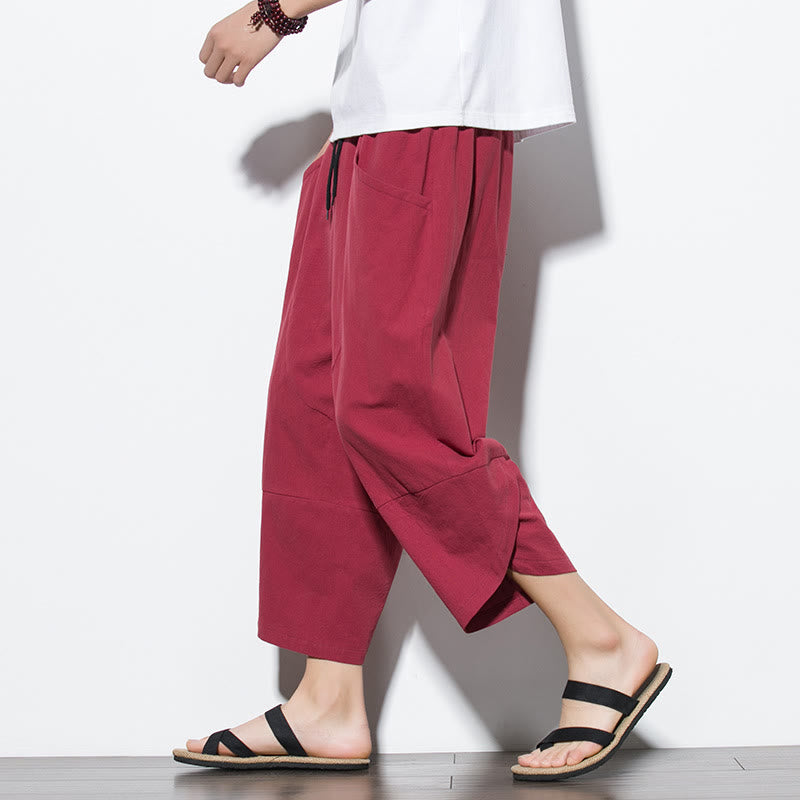 Buddha Stones Summer Men's Solid Color 7-8 Length Cotton Linen Drawstring Pants With Pockets - Crimson - US/UK/AU46，EU56 (5XL) - image 27