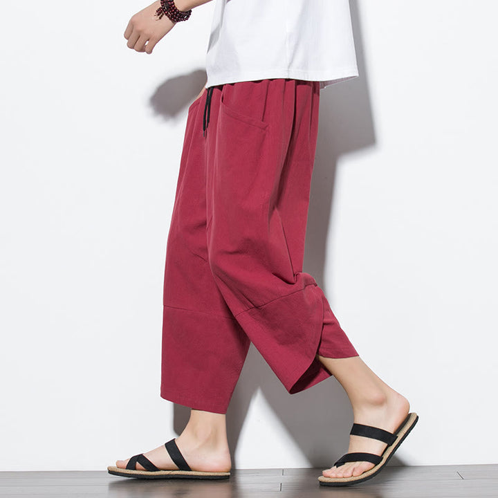 Buddha Stones Summer Men's Solid Color 7-8 Length Cotton Linen Drawstring Pants With Pockets - Crimson - US/UK/AU46，EU56 (5XL) - image 27