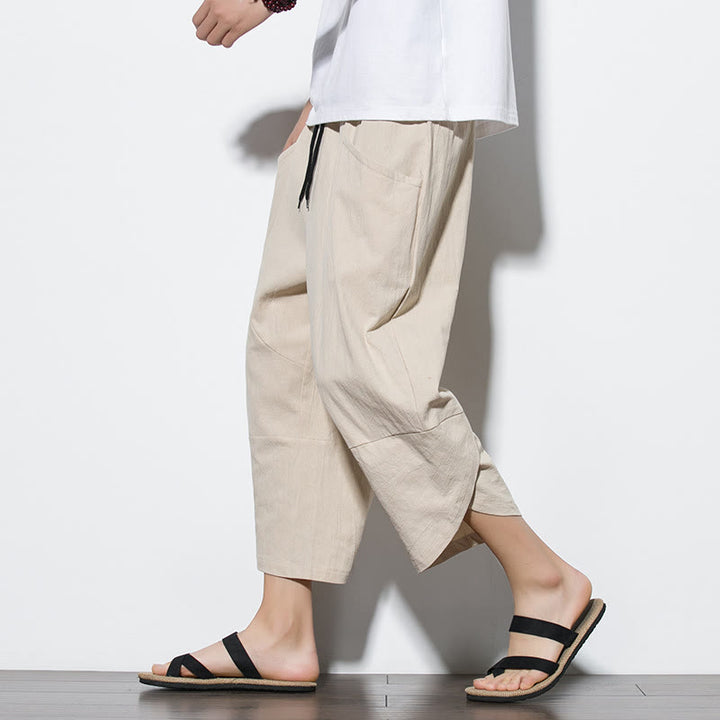 Buddha Stones Summer Men's Solid Color 7-8 Length Cotton Linen Drawstring Pants With Pockets - Beige - US/UK/AU46，EU56 (5XL) - image 35