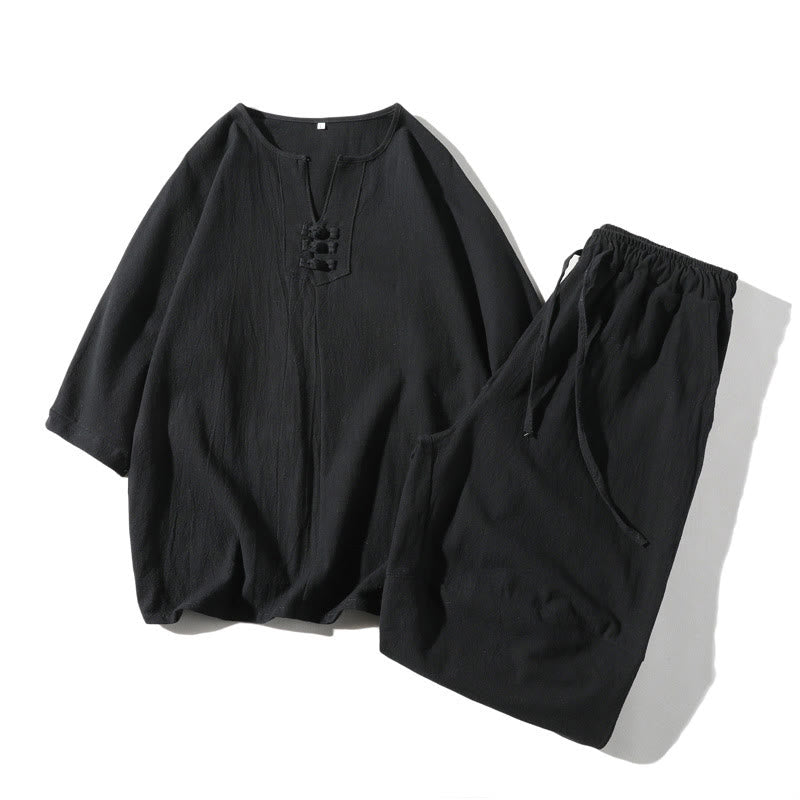 Buddha Stones 2Pcs Plain Notched Collar T-Shirt 7-8 Length Wide Leg Shorts With Pockets Cotton Linen Men's Meditation Cloth Set - Black - US/UK/AU46，EU56 (5XL) - image 17