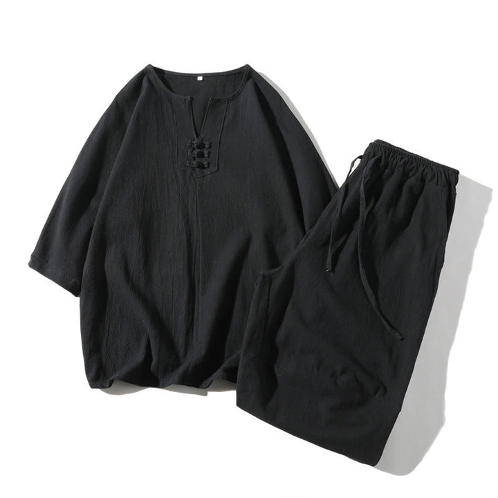 Buddha Stones 2Pcs Plain Notched Collar T-Shirt 7-8 Length Wide Leg Shorts With Pockets Cotton Linen Men's Meditation Cloth Set - Black - US/UK/AU46，EU56 (5XL) - image 17