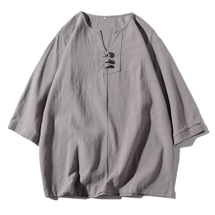 Buddha Stones 2Pcs Plain Notched Collar T-Shirt Wide Leg Shorts With Pockets Men's Meditation Cloth Set - image 21