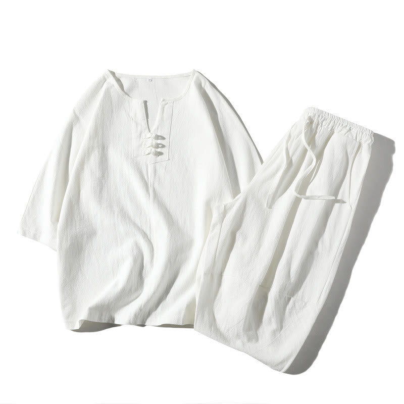 Buddha Stones 2Pcs Plain Notched Collar T-Shirt 7-8 Length Wide Leg Shorts With Pockets Cotton Linen Men's Meditation Cloth Set - White - US/UK/AU46，EU56 (5XL) - image 14