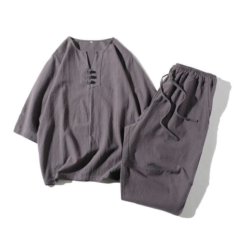 Buddha Stones 2Pcs Plain Notched Collar T-Shirt 7-8 Length Wide Leg Shorts With Pockets Cotton Linen Men's Meditation Cloth Set - SlateGray - US/UK/AU46，EU56 (5XL) - image 0