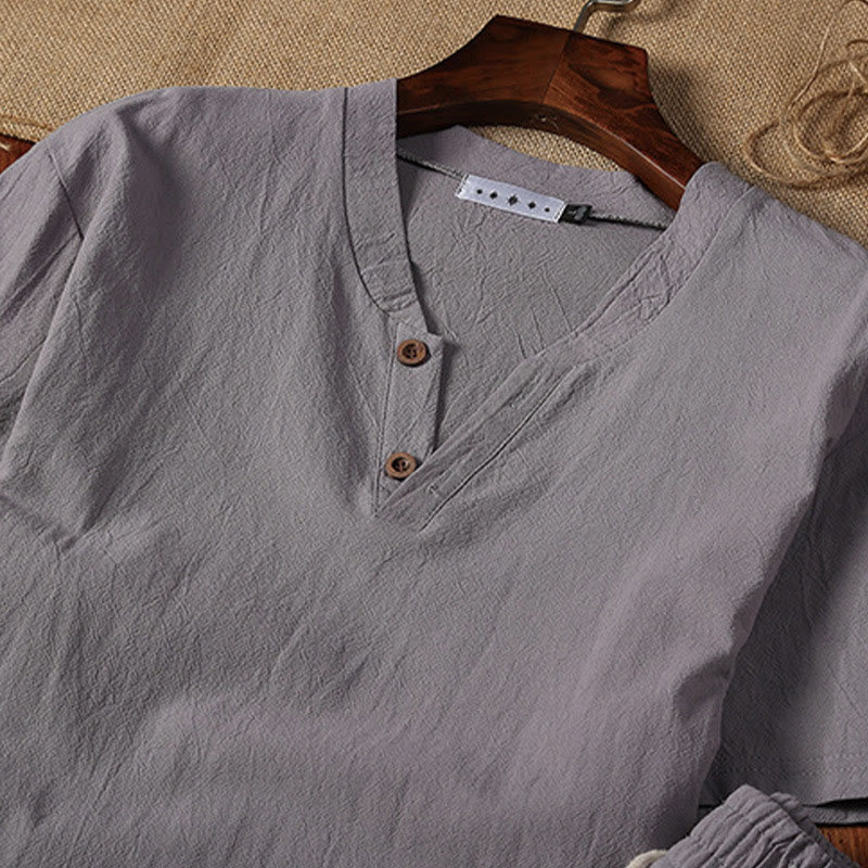 Buddha Stones 2Pcs Plain Notched Collar Short Sleeve T-Shirt Shorts With Pockets Cotton Linen Men's Meditation Cloth Set - image 8