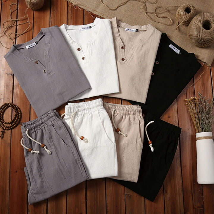 Buddha Stones 2Pcs Plain Notched Collar Short Sleeve T-Shirt Shorts With Pockets Cotton Linen Men's Meditation Cloth Set - image 19