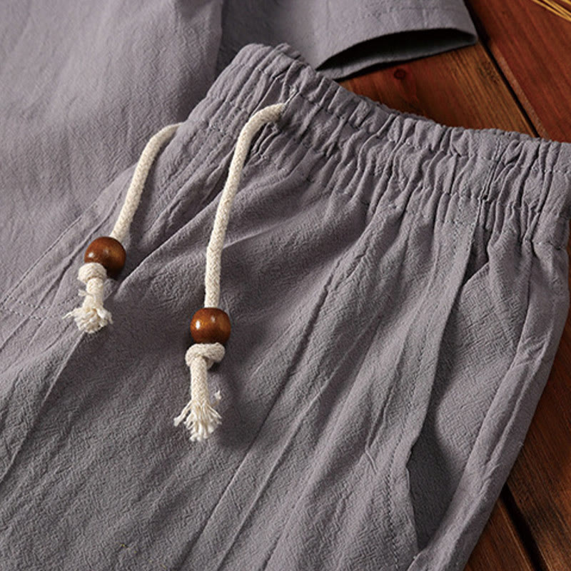 Buddha Stones 2Pcs Plain Notched Collar Short Sleeve T-Shirt Shorts With Pockets Cotton Linen Men's Meditation Cloth Set - image 13