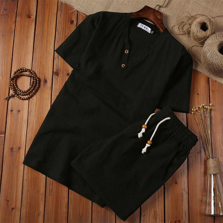 Buddha Stones 2Pcs Plain Notched Collar Short Sleeve T-Shirt Shorts With Pockets Cotton Linen Men's Meditation Cloth Set - Black - US/UK/AU46，EU56 (5XL) - image 3