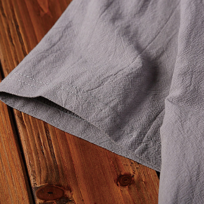 Buddha Stones 2Pcs Plain Notched Collar Short Sleeve T-Shirt Shorts With Pockets Cotton Linen Men's Meditation Cloth Set - image 11