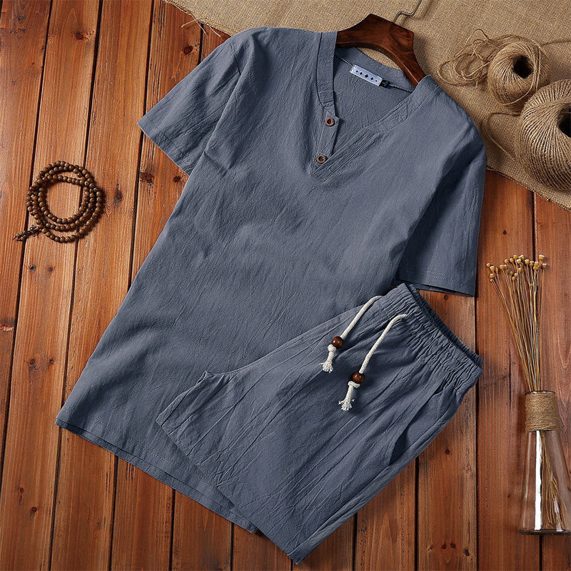 Buddha Stones 2Pcs Plain Notched Collar Short Sleeve T-Shirt Shorts With Pockets Cotton Linen Men's Meditation Cloth Set - SlateGray - US/UK/AU44，EU54 (5XL) - image 6
