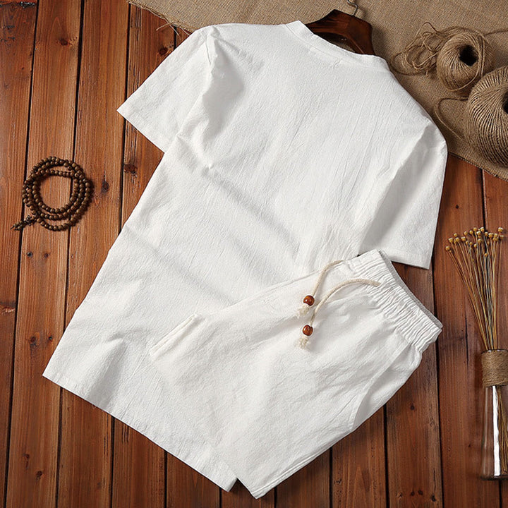 Buddha Stones 2Pcs Plain Notched Collar Short Sleeve T-Shirt Shorts With Pockets Cotton Linen Men's Meditation Cloth Set - image 2