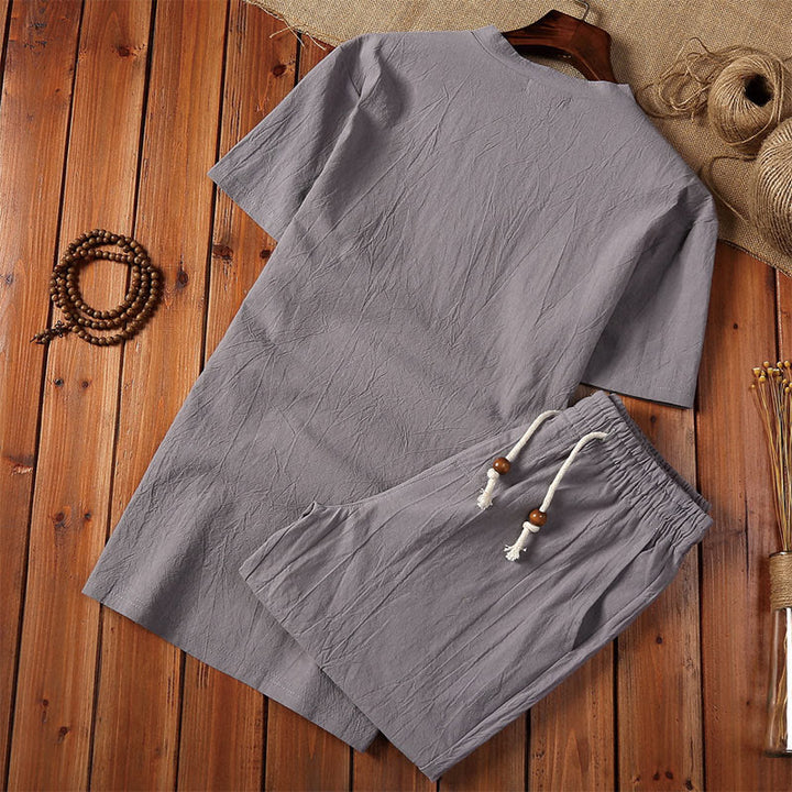 Buddha Stones 2Pcs Plain Notched Collar Short Sleeve T-Shirt Shorts With Pockets Cotton Linen Men's Meditation Cloth Set - image 7