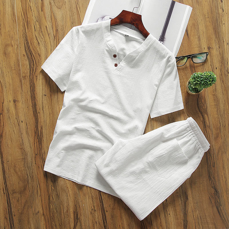 Buddha Stones Casual 2Pcs Plain Sleeve T-Shirt Shorts With Pockets Cotton Linen Men's Meditation Cloth Set - White - US/UK/AU46，EU56 (5XL) - image 1