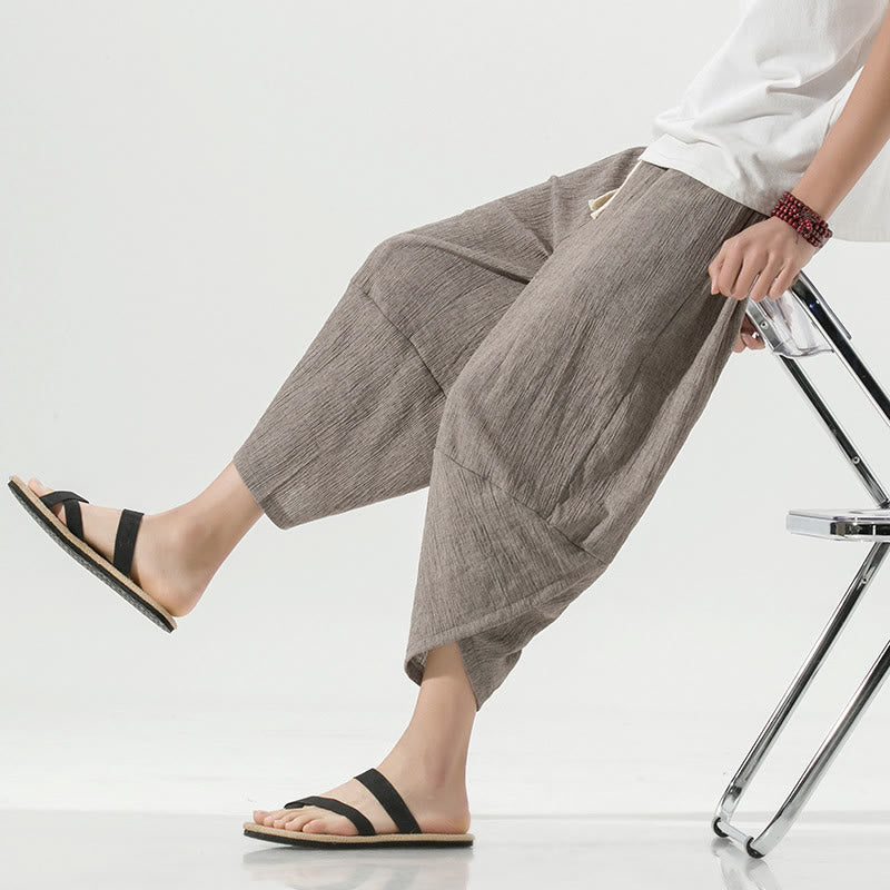 Buddha Stones Plain Simple Design Drawstring 7-8 Length Linen Men's Harem Pants With Pockets - image 38
