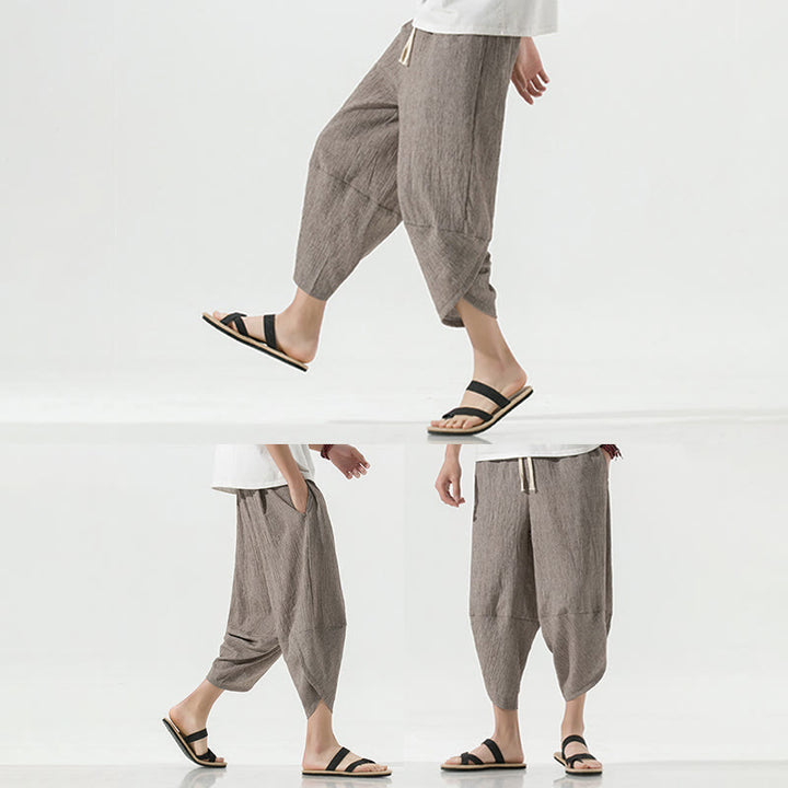 Buddha Stones Plain Simple Design Drawstring 7-8 Length Linen Men's Harem Pants With Pockets - image 39